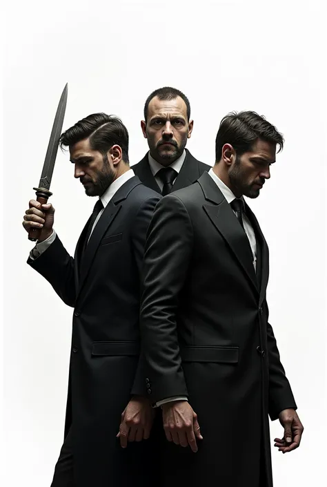 a man stands side by side with a man and wants to stab him in the back, There is another man behind the man and wants to stab him in the back,  white background