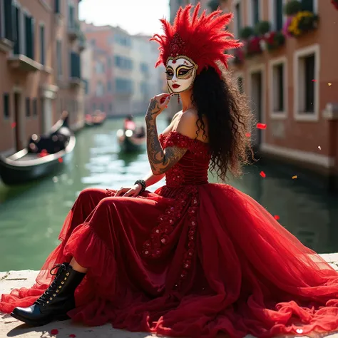  full view full body pretty woman curly dark hair long tattooed skin wearing vintage red velvet Venetian carnival dress and sequins,  a white and red Venetian mask that covers her entire face , boots, making a bow clutching the skirt of the dress /dynamic ...