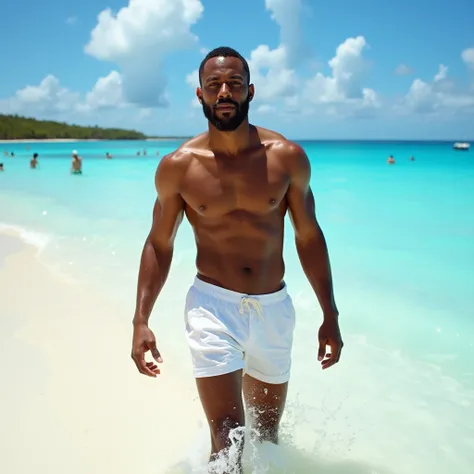  A man with mulatto skin ,  shirtless, He is on a sandy beach posing walking in the water . He wears white beach shorts and the beach setting is idyllic,  with turquoise waters and a clear blue sky with scattered white clouds . the light is bright,  which ...