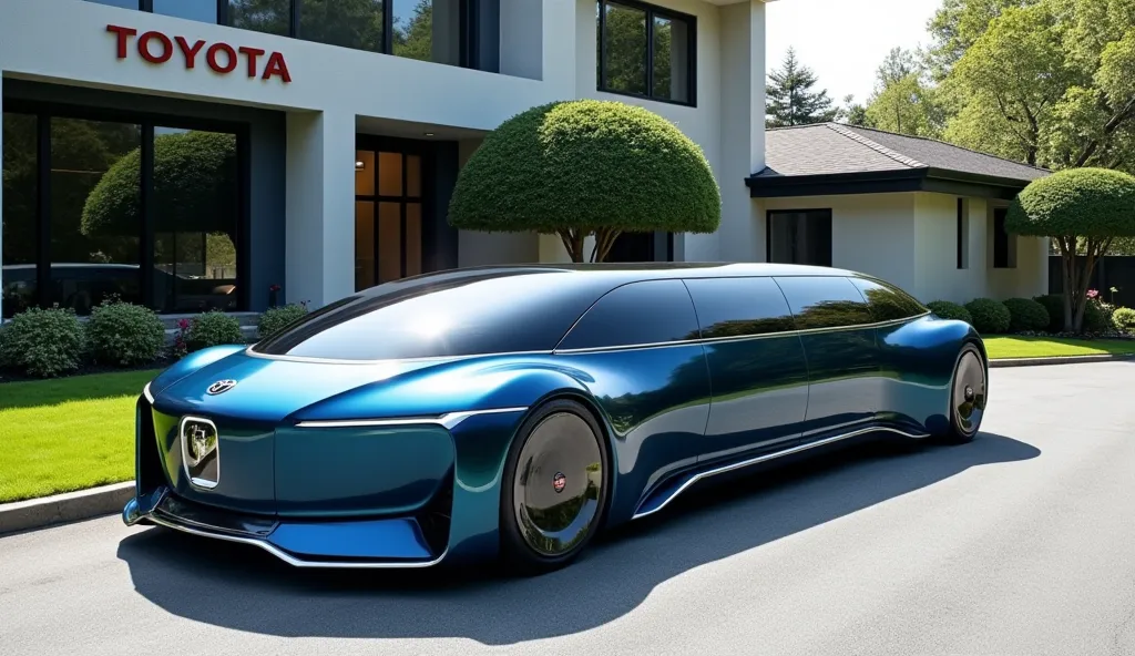 "A front futuristic, luxury U-shaped limousine with a sleek, metallic blue body and a continuous panoramic glass roof. The limousine curves seamlessly into a U-shape, creating a unique and eye-catching design. It is parked in a modern residential driveway,...