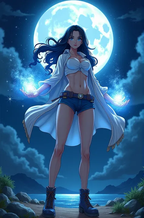 
In the anime style One Piece ,  a young warrior of about 19 years old with long wavy hair black ones that fade into white up to waist height.  Her dark blue eyes shine brightly under the moonlight .  She wears tight cropped shorts ,  complemented by sturd...