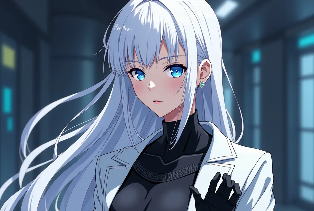 , a tall 25-year-old woman, a modified nanoscientist with exceptional intelligence and experience in nanobiotechnology .
height: 1.70m
Eyes :  color blue
: long white hair 
Skin :  clear skin technology
Wearing flat black armor ,, wearing a long white jack...