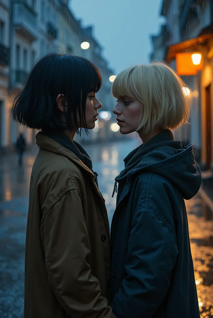 Create for me a blonde girl with short hair and blue eyes and a girl with black hair that reaches just past her shoulders meet on a side street on a rainy night, both of them are old, and the blonde girl is wearing a big sweater the blond one is a little b...