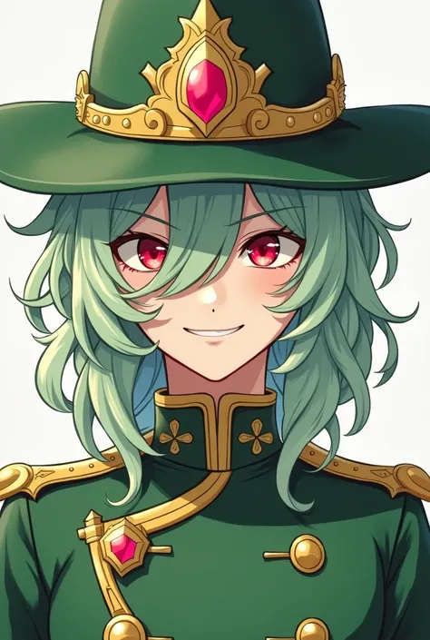 Genshin Impact juvenile type man.  from the front.  red eyes,   light green medium wavy hair, a tuft of hair covers his left eye, She smiles shamelessly with pointed teeth and wears a green sheriff's hat a little sharper than her hair with gold and dark pi...