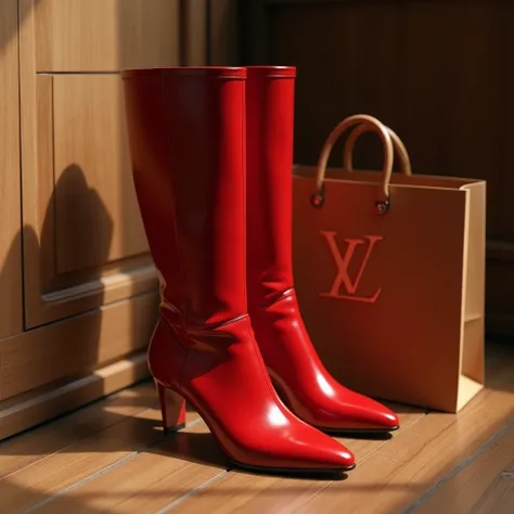 Side view, from above view, 1 pair enamel Red Knee-high boots  , near into boots  brown paper long bag with Luis Vuitton log mark, wooden flooring , cinematic lighting ,(masterpiece, Best Quality, high resolution on down, Realistic, sharp, RAW photos from ...