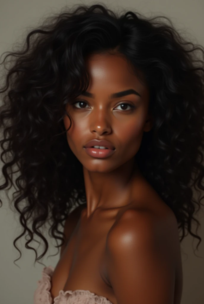 Woman with long curly and black hair and brown skin