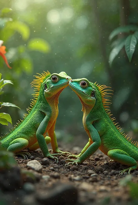 An anolis gundlachi lizard and another green lizard 