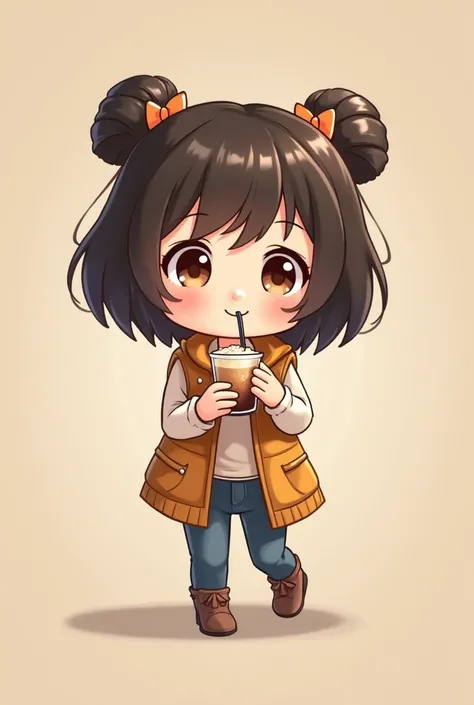 Create a photo of A chibi girl front view wearing a open vest with a tight long sleeved shirt underneath, holding an iced coffee with one hand