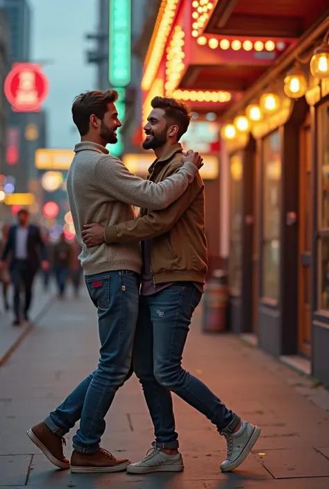 gay couple dancing outside the cinema