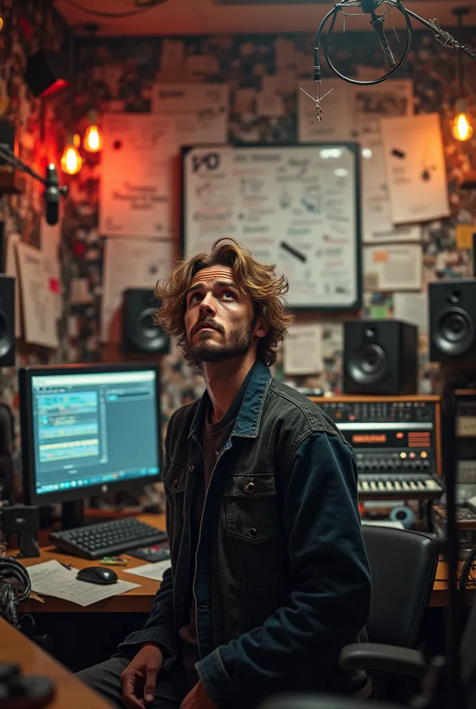 [ Image of a chaotic recording studio ,  filled with a myriad of recording equipment ,  vibrant lights and a variety of microphones ,  with ideas and notes scrawled on white boards and papers . Alex,  a frustrated young man with messy brown hair and an inc...