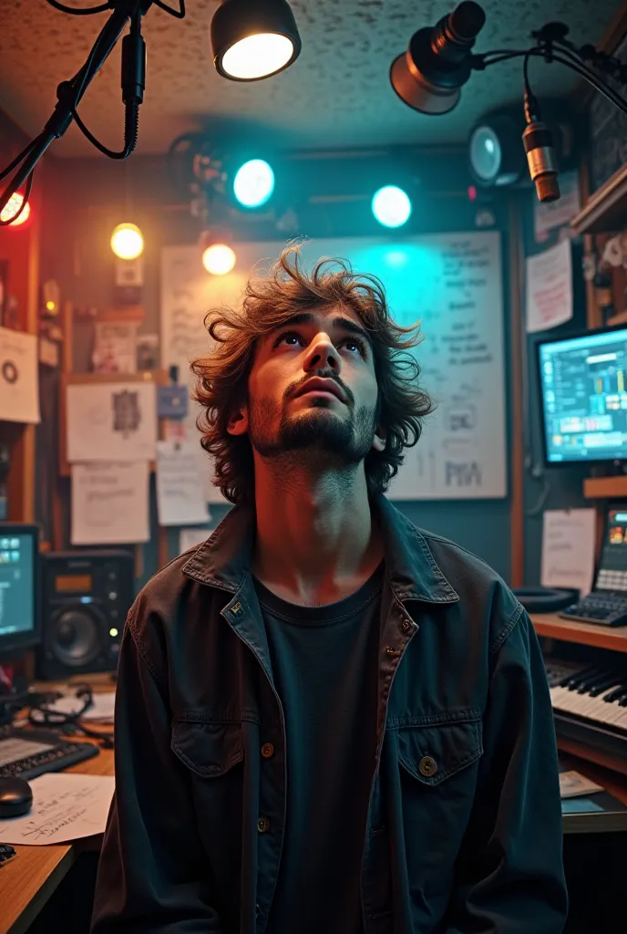 [ Image of a chaotic recording studio ,  filled with a myriad of recording equipment ,  vibrant lights and a variety of microphones ,  with ideas and notes scrawled on white boards and papers . Alex,  a frustrated young man with messy brown hair and an inc...