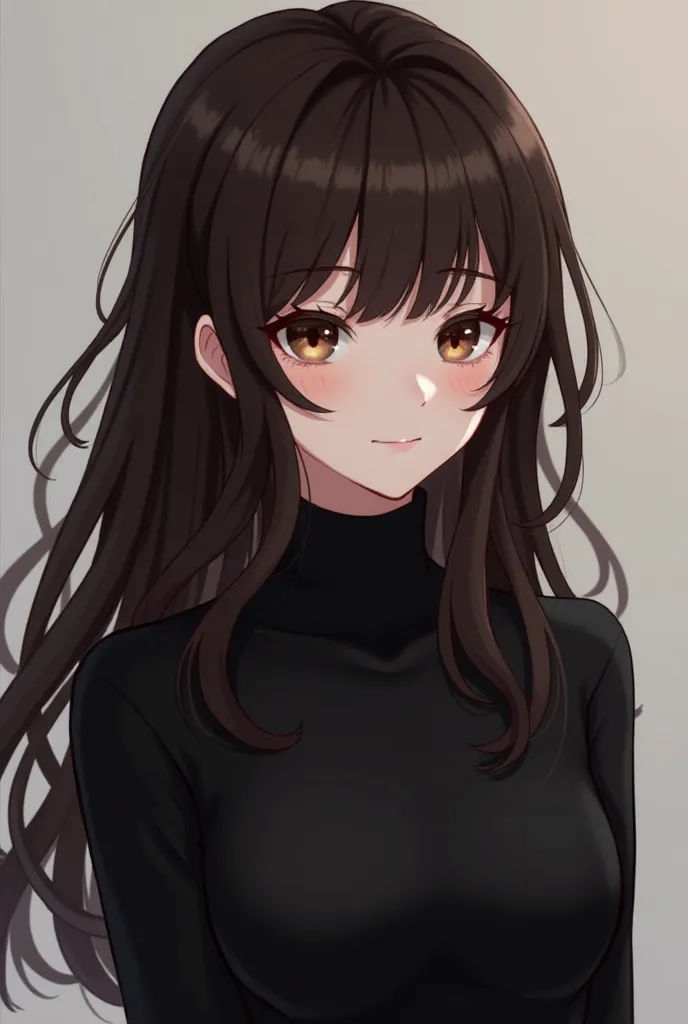 dark brown hair, pale skin,  brown eyes, Hairy and paraded hair with half a tail, black sweater fitted to the waist, She is smiling slightly , Do you have some mild purple circles under the eyes,  shy expression , 8K,  RAW photo, flux. 1 d, gl manwha 