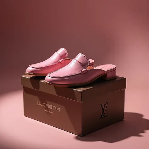 Side view, from above view, 1 pair Pink Mules, on brown middle shoes box with Luis Vuitton log mark, flooring , cinematic lighting ,(masterpiece, Best Quality, high resolution on down, Realistic, sharp, RAW photos from the last century, wallpaper, perfecti...