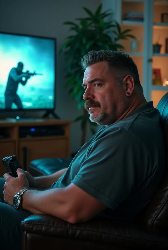 A fat man playing Call of Duty, Smoking cannabis I want him to be very realistic with a thin mustache, black earring,  short hair with a gradient, silver watch on the left arm 