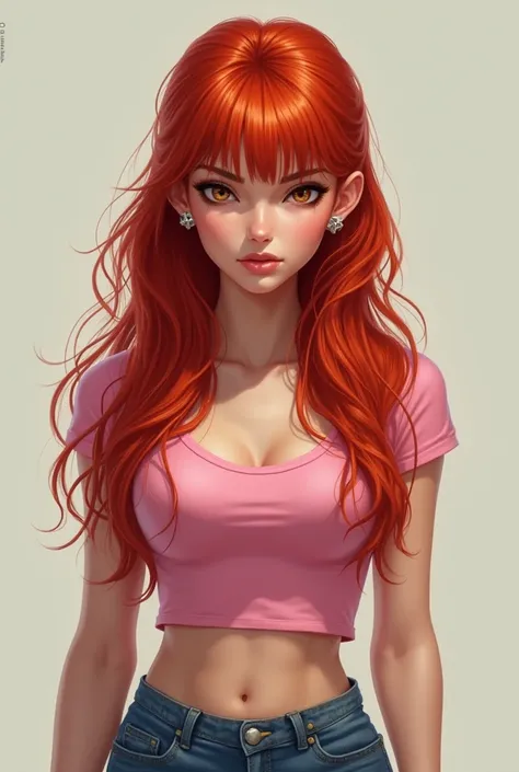 fierce girl with red long hair, NO BANGS, with 4 ear left piercing in a cute pink top and blue jeans on the bottom 