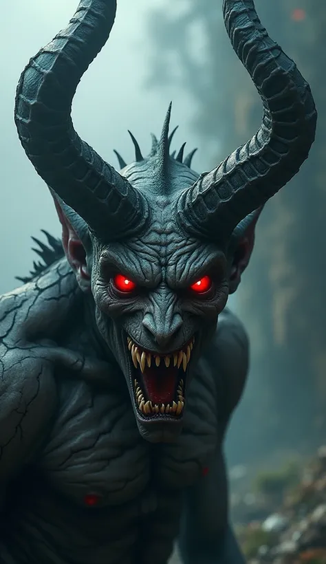  Create an ultra-realistic portrait of a terrifying demon .  The demon has powerful horns ,  that twist into the sky ,  and his skin is gray and cracked ,  showing pulsating veins .  His eyes are intense red ,  full of sinister energy ,  that seem to penet...