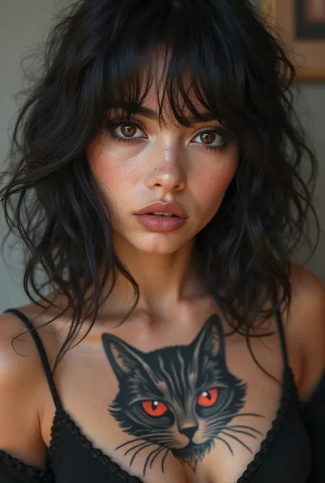  25-year-old woman, Brown half-Asian eyes, bangs and wavy hair in black color, long nails full mouth, blackwork style cat breast tattoo