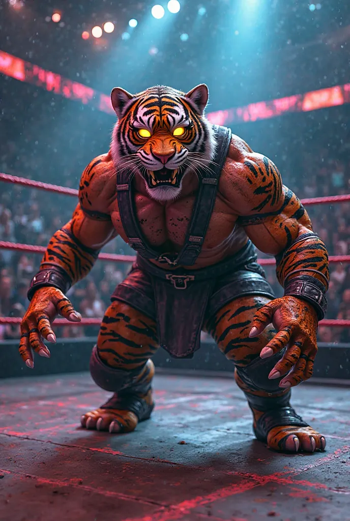 Create a character similar to king from the Tekken saga but with the mask of a tiger man in a wrestling ring in an attack position with RGB lights