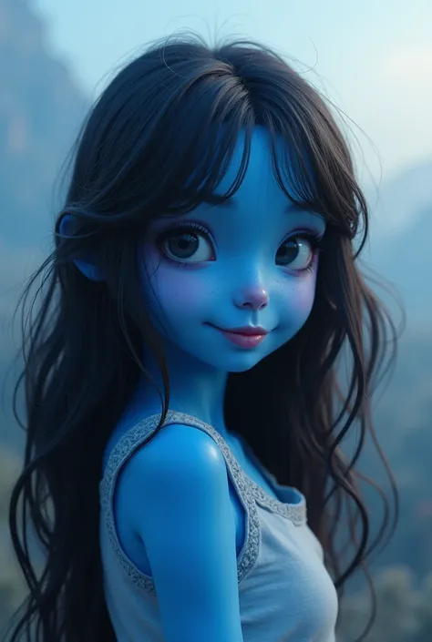  In the image of my girlfriend, It's low, Bella, wavy hair , black eyes . Make her a smurf  