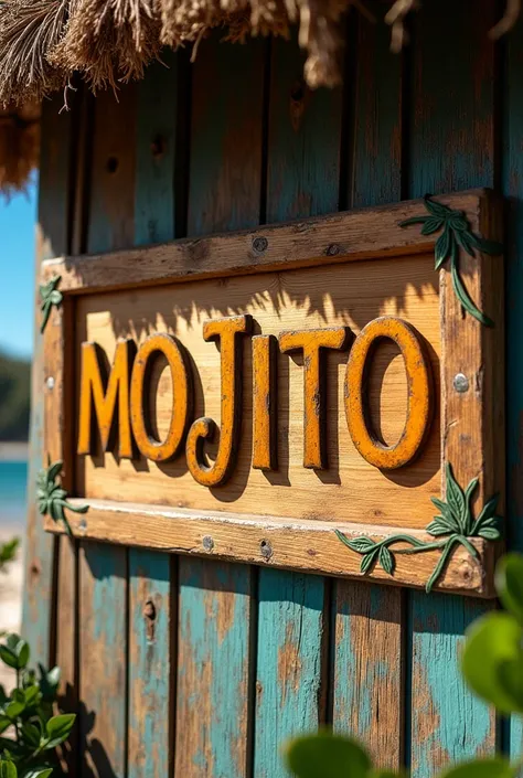 kiosk bar sign with mojito letters on wooden background