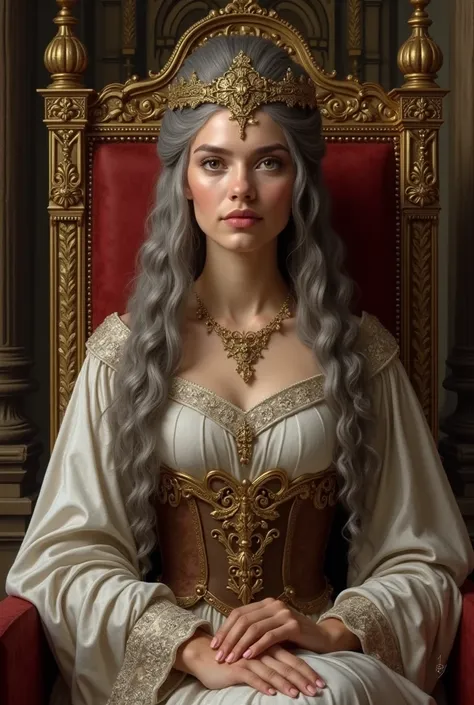 Picture of a beautiful still very young looking viking woman who used to be a warrior she is 50 years old with long curly gray hair and hazel eyes, wearing a crown as the queen in a English throne room wearing a English queen dress