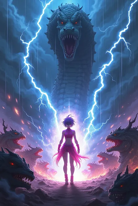 The anime character who uses Five who uses the power of lightning road is facing dozens of scary monsters and a large scary Dragon Snake