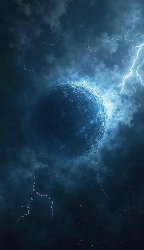 A dark blue exoplanet with a turbulent atmosphere. Violent winds carry sharp pieces of glass, creating a deadly storm. The sky is dark and electrifying, with lightning bolts cutting through the gas clouds.