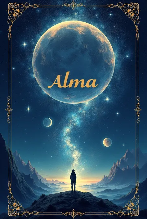 A cover of a book of poetry that is galactic related to moons and stars that has the name Alma author and a subtitle written by someone dead