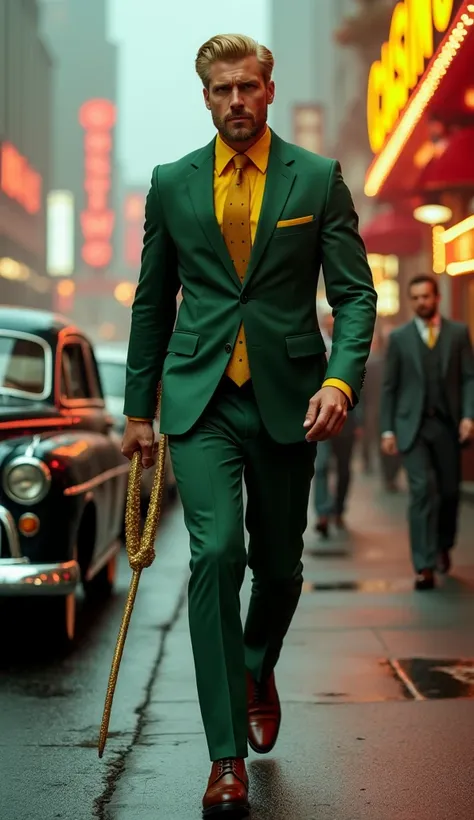  A tall and strong man ,  with blond hair brushed back and determined look ,  Walk imposingly down a busy street in front of a casino illuminated by signs Of gold and red neons.  He wears an elegant moss-green suit ,  with a vibrant yellow shirt and gold t...