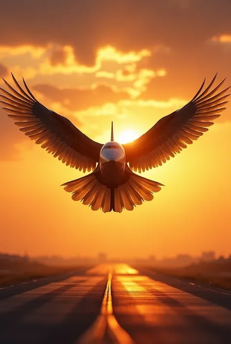 Here is your golden Boeing 747 + Eagle hybrid landing on a runway, with a cinematic sunset background. 