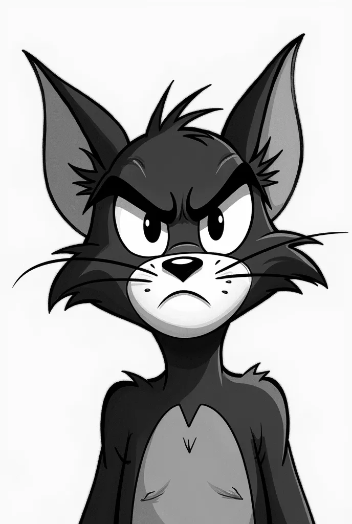 Create a drawing of Tom (From the cartoon Tom and Jerry),  from the front, Making a face like that : Seriously looking with a slightly angry arched brow, But it has to be white with black spots, 