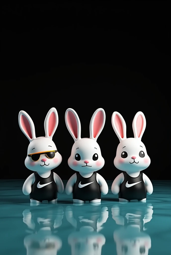 Photograph h3 render plastic texture five rabbits wearing black Nike style swimsuits using stilo swimmer lenses cartoon network cartoon cartoon with dynamic water poses on a black background