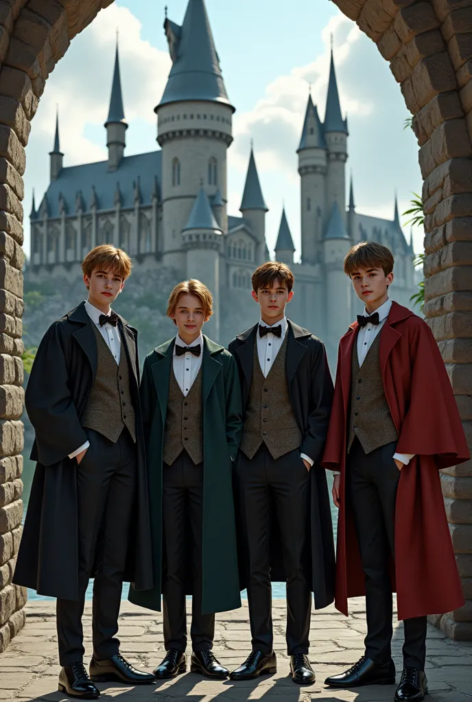 Can you create a picture of four teenager guys named Noah, Frank, Eduardo, Michael and Remus in front of a castle that looks like Hogwarts ready for the Yule Ball? Taking into account the physical appearances of the actors in the films. Eduardo is a mix be...