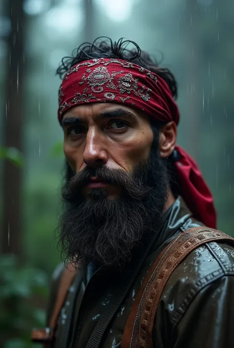 An atmospheric capture of the mountain man’s intricately detailed bandana, glistening wet amidst cascading rain. Woven textures become a canvas for the wilderness, with dark trees fading into a murky background.