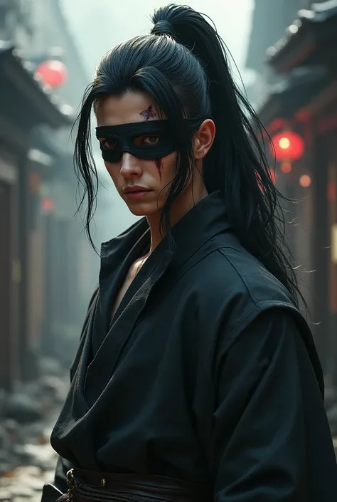 Can you create a male naruto character in shinobi clothes with a blindfold on his forehead, a muscular young and beautiful long black hair tied in a ponytail with a scar under his eye?