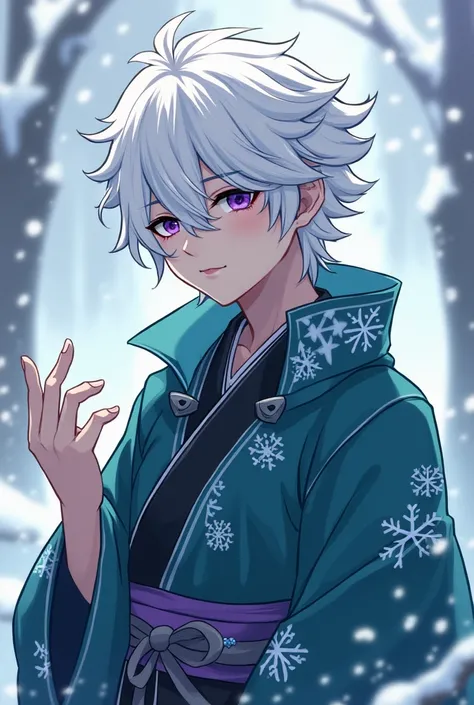  oc by Kimetsu no Yaiba, a white-haired boy,his fringe is black , is  ,He is the middle brother of Sanemi and Genya, his eyes are purple like those of Sanemi ,He is the pillar of ice ,  he wears a brooch in the shape of a snowflake ,  he wears a dark turqu...