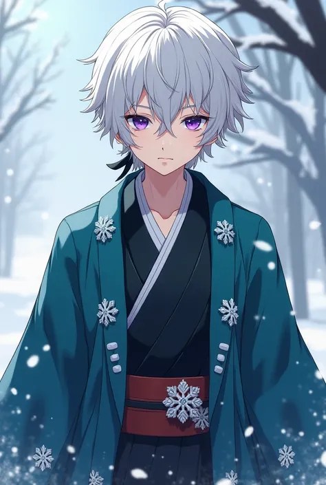  oc by Kimetsu no Yaiba, a white-haired boy,his fringe is black , is  ,He is the middle brother of Sanemi and Genya, his eyes are purple like those of Sanemi ,He is the pillar of ice ,  he wears a brooch in the shape of a snowflake ,  he wears a dark turqu...