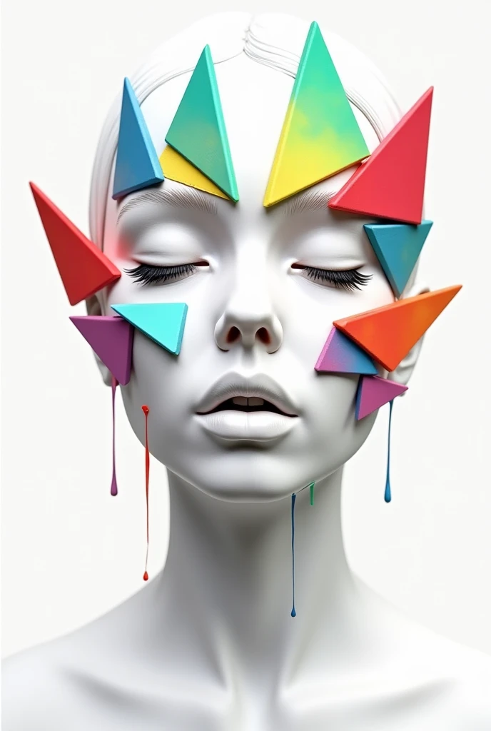 a white face made up of triangle shapes of differnt color with paint dropping from the face and some colorful triangle shapes around the face around the face, the face should have no nech just the face