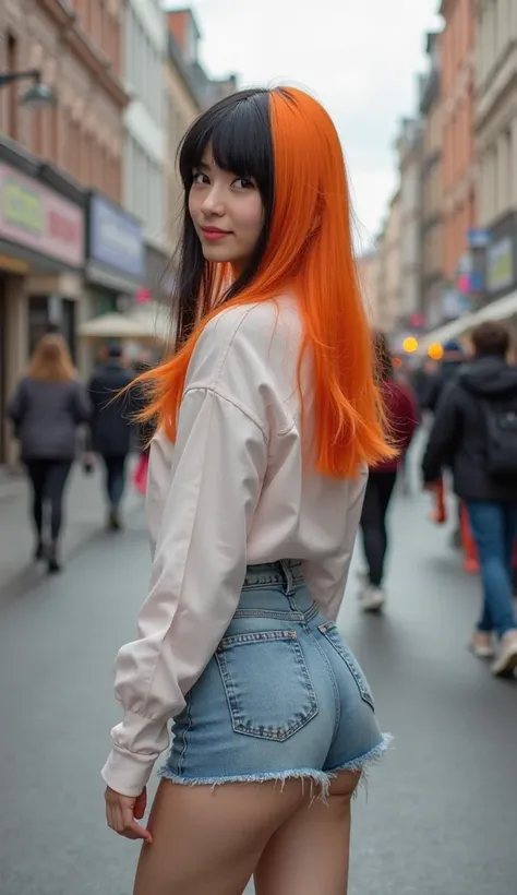 Real Life, Realistic, Photography of a women, she looks like in her twenties, european with japanese traits, she has two separate and distinctive hair colors, orange on her right side and black for the left side, her hairstyle is long bangs with long hair....