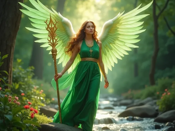 "Archangel Raphael,  dressed in an emerald green tunic ,  holding a healing staff that emanates soft light , with green and translucent wings , in a lush natural setting with streams and flowers.  image