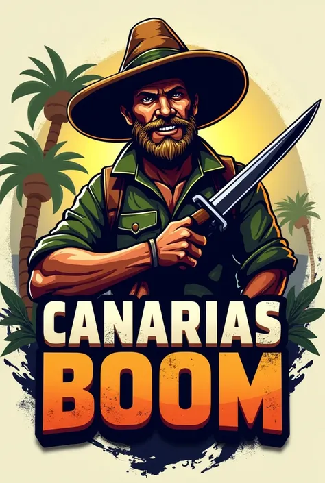  I need a logo for my YouTube channel, CANARIAS BOOM ,  from the game Boom Beach .  A rifle man with a canary hat and a naife between his teeth.