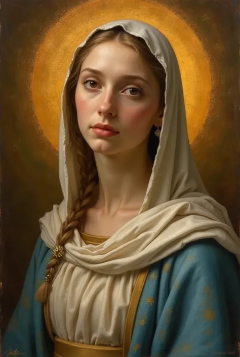  The Young and Beautiful Virgin Mary . A halo over Mary .  looking at camera.  oil painting by Raphael Santi.