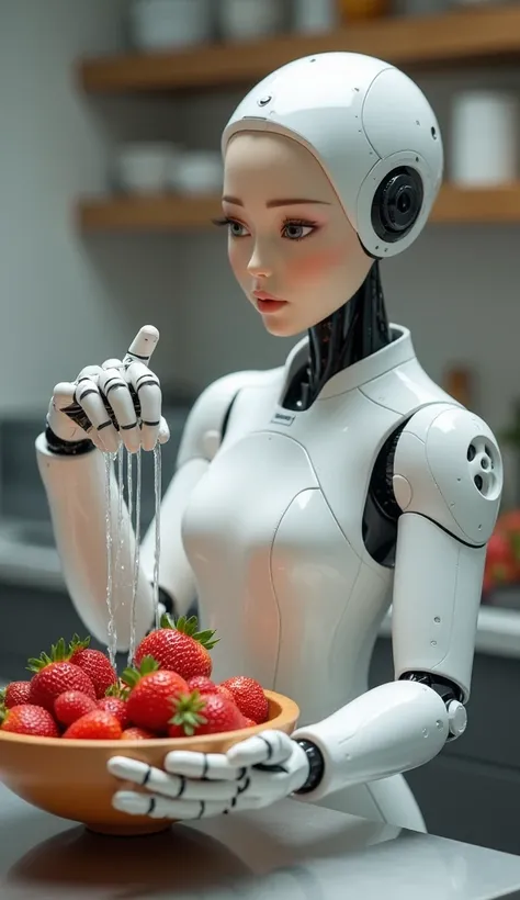 "Show the humanoid robot chef washing strawberries under running water, her movements graceful and fluid. Her human-like skin appears smooth, and her eyes exude warmth and attentiveness. She explains how to clean the fruit thoroughly, and her facial expres...