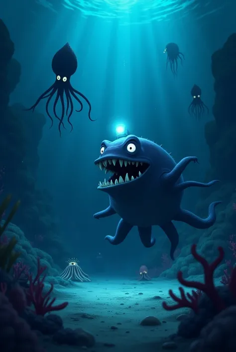 "The gloomy and mysterious cartoon scene in the Pixar style, depicting the deep-sea world of the ocean. In the center is an ominous pussy-treasurer with a dark body, huge sharp teeth and a luminous flashlight on the head, which illuminates the surrounding ...