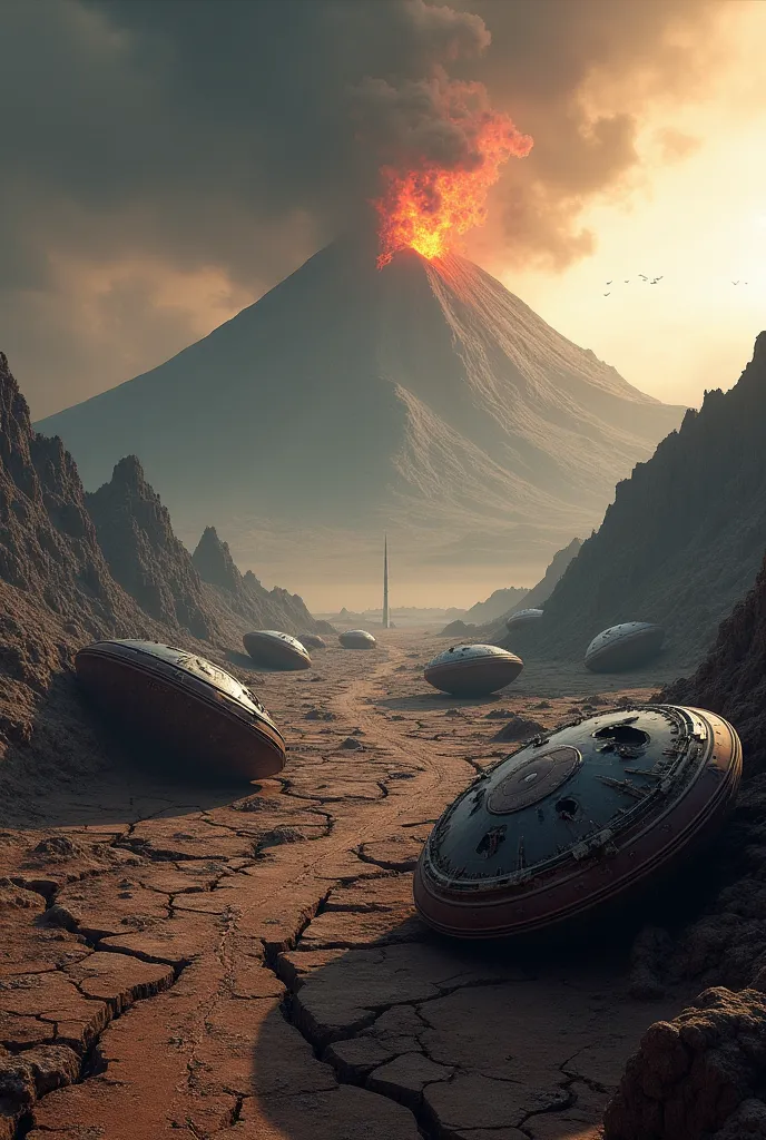 i want volcano background in damaged earth with damaged circular shape space shuttles in the ground with a empty area where i can put a tower in it