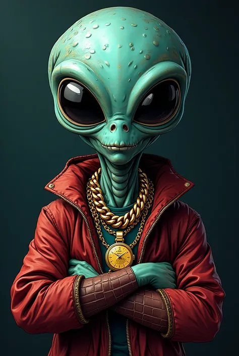 Create a logo for an urban style clothing store with a reference alien and that the alien wears a lot of gold chains and a gold watch all caricaturized and the size of the image must be 500x700 megapixels 