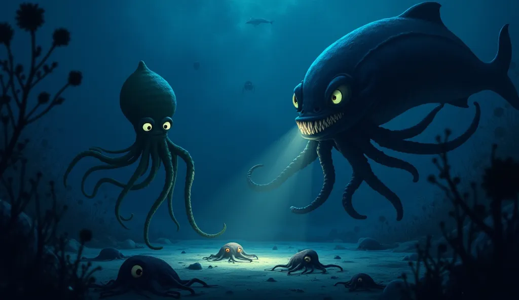 "The gloomy and mysterious cartoon scene in the Pixar style, depicting the deep-sea world of the ocean. In the center is an ominous pussy-treasurer with a dark body, huge sharp teeth and a luminous flashlight on the head, which illuminates the surrounding ...