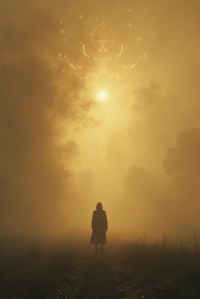 👉 “A lone figure standing in a vast, foggy landscape, deep shadows and cinematic lighting, gold and sepia tones, high contrast, a dreamlike atmosphere, mysterious symbols floating in the air, inspired by surrealism and philosophy, 4K ultra-detailed, trendi...