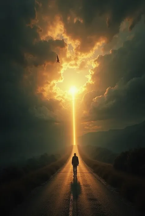  A narrow road surrounded by darkness and storm , with a divine hand pointing forward ,  illuminating the path .  Along the road ,  a soft light guides a walking figure ,  symbolizing faith and hope .  The sky in the distance begins to open with golden ray...