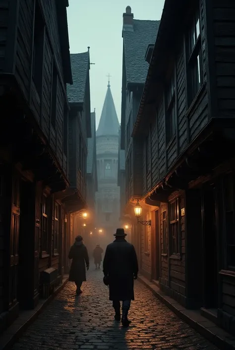 First-person perspective walking through the narrow streets of London in 1666. Wooden houses rise on both sides, the smell of bread drifts from a small bakery, and people chat in the dim lantern-lit alleys.”